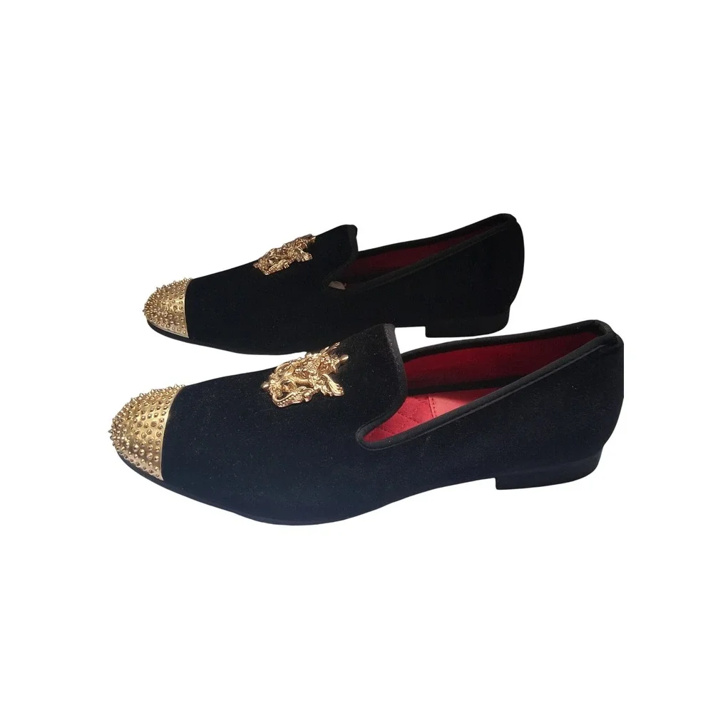 Jitai Mens Velvet Loafers Gold Studded Cap Toe Crest Black Dress Shoes 12.5